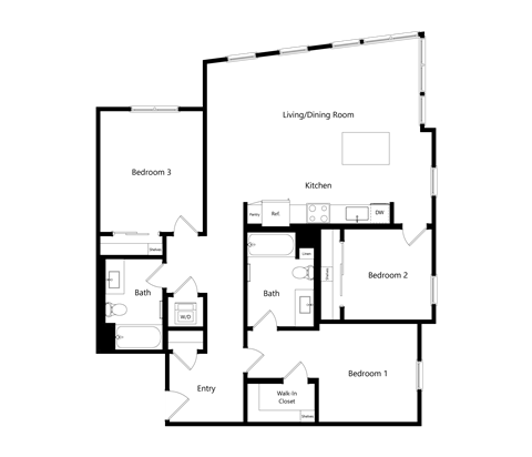 Floor plan for 3 beds, 2 baths, 1313 sqft